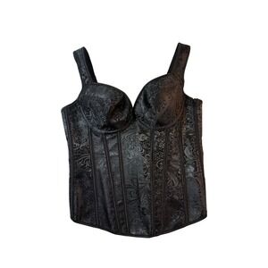 Kimring Black Brocade Corset Top XL Lace Up Boned Gothic Steampunk Bustier